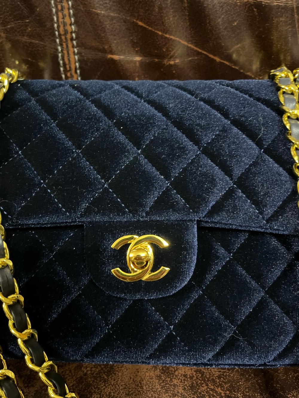 Double C Navy Blue Gold Tone Hardware Quilted Velvet Chain Strap Flap Bag Purse - Picture 6 of 10